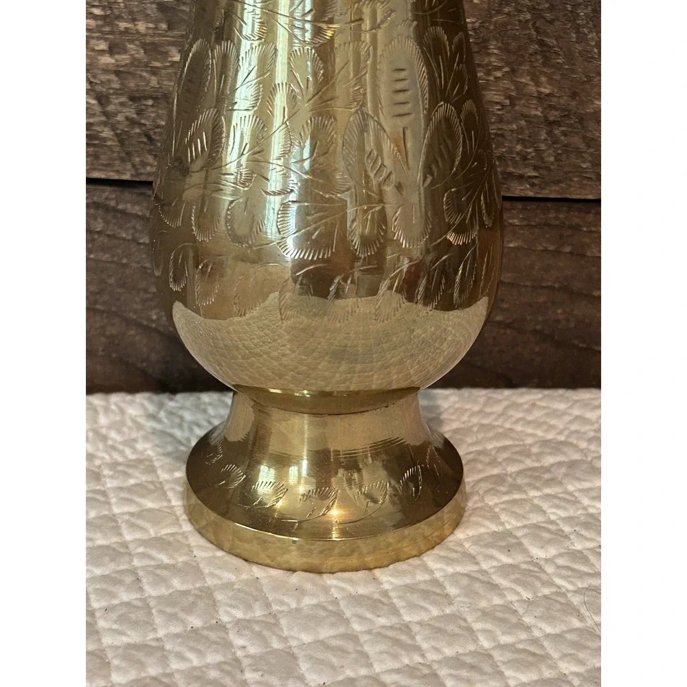 Solid Brass Vase Etched Floral Leaf Design 9.5